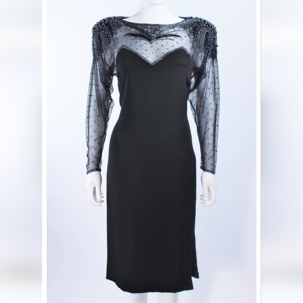Vintage Frank Composto 20th Century Rare black cocktail beaded illusion dress 8